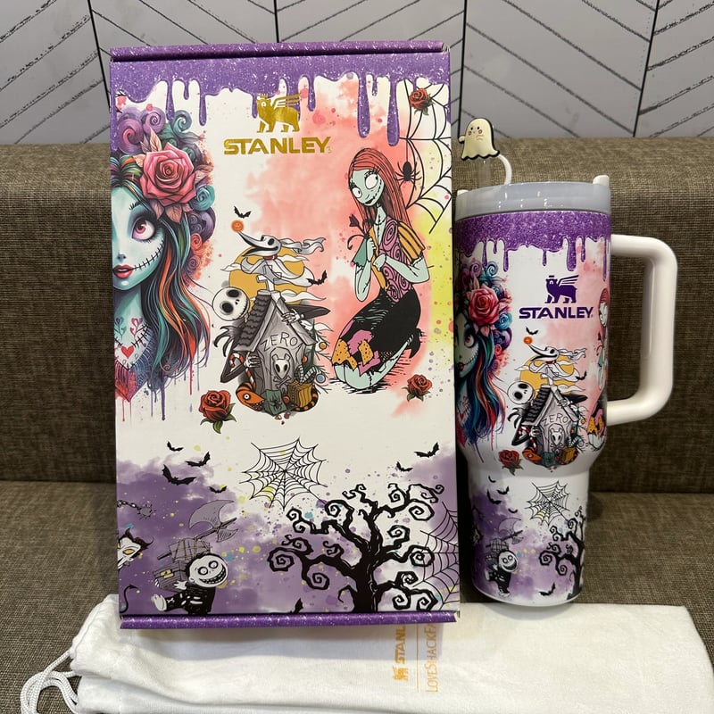 🔥40oz Glow in the Dark Stainless Steel Tumbler with Handle, Double Wall Insulated Travel Mug with Lid & Straw, Gothic Glitter Rim Cup for Hot & Cold Drinks
