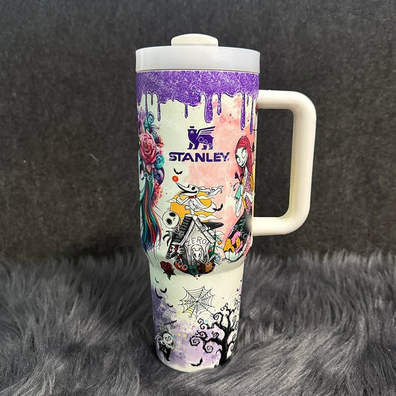 🔥40oz Glow in the Dark Stainless Steel Tumbler with Handle, Double Wall Insulated Travel Mug with Lid & Straw, Gothic Glitter Rim Cup for Hot & Cold Drinks