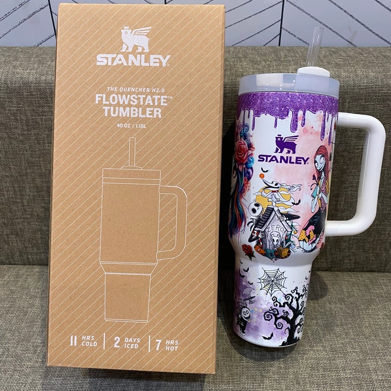 🔥40oz Glow in the Dark Stainless Steel Tumbler with Handle, Double Wall Insulated Travel Mug with Lid & Straw, Gothic Glitter Rim Cup for Hot & Cold Drinks