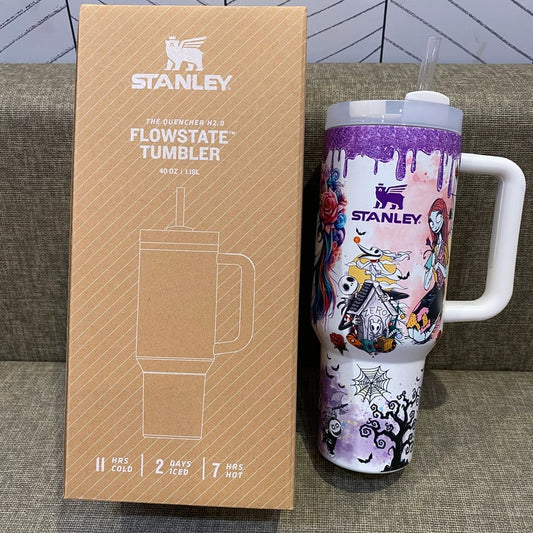 🔥40oz Glow in the Dark Stainless Steel Tumbler with Handle, Double Wall Insulated Travel Mug with Lid & Straw, Gothic Glitter Rim Cup for Hot & Cold Drinks