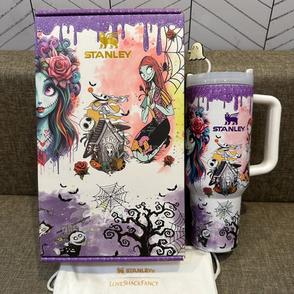 🔥40oz Glow in the Dark Stainless Steel Tumbler with Handle, Double Wall Insulated Travel Mug with Lid & Straw, Gothic Glitter Rim Cup for Hot & Cold Drinks